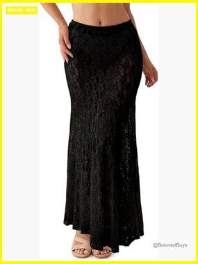 Sheer Lace Maxi Skirt High Waist A-Line Flowy Beach Cover Up Summer